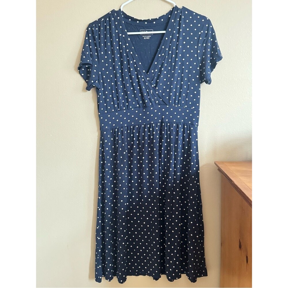 L.L.Bean Navy Blue Polka Dot Faux Wrap Dress Petite Medium